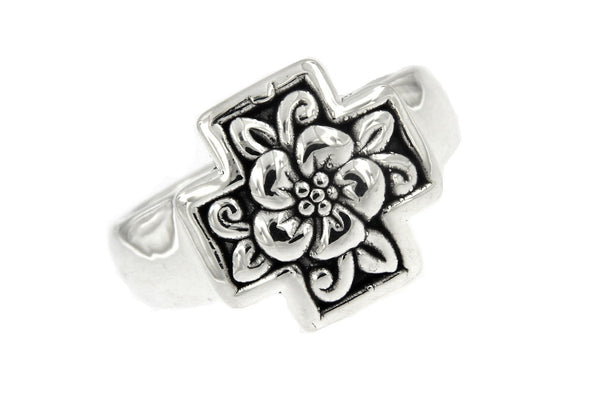 Sterling Silver Floral Square Cross Ring
